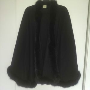Cape Black Wool with Fox Fur Trim